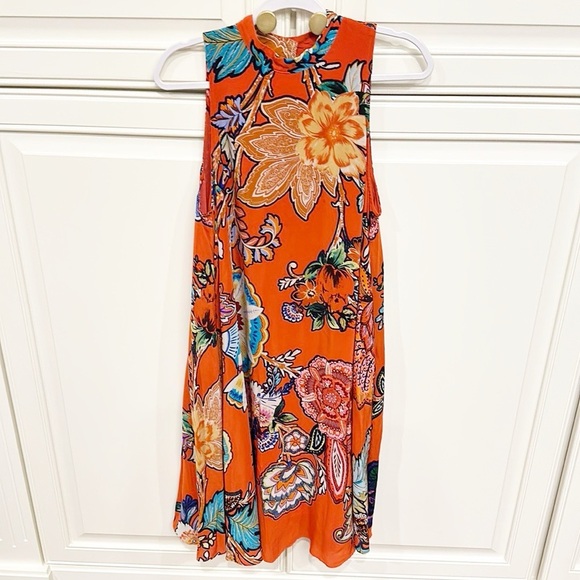 Anthropologie Maeve Larkhill Mockneck Women Orange Floral Sleeveless Swing Dress - Picture 5 of 13